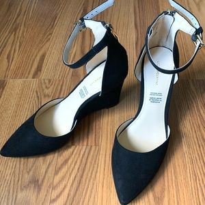 Black Suede Closed Toe Wedges w/ Ankle Strap